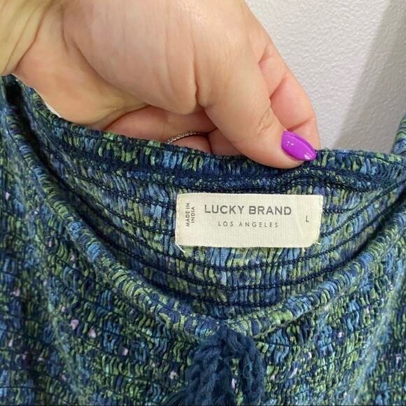 Lucky Brand Smocked Short Sleeve Square Neck Puff Sleeve Top Boho Chic Sz L NWT - Picture 6 of 10